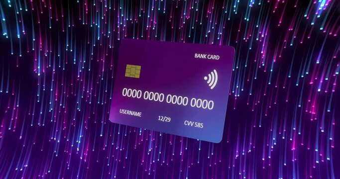 Animation of credit card over light trails on black background