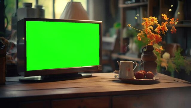 TV retro antique television green screen with beautiful flower decorations in pots; is perfect for background projects; 4k virtual video animation.