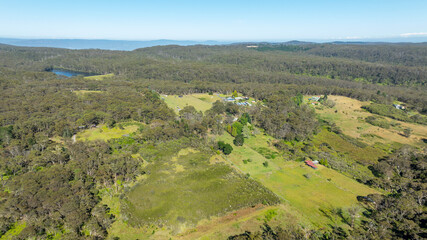 Drone aerial photograph of trees and bushland near the town of Katoomba in the upper Blue Mountains in New South Wales in Australia