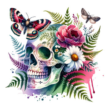 Sugar skull with moths, butterflies, ferns, and flowers and paint splash style colors