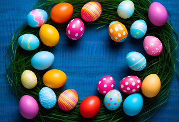 Fototapeta na wymiar Colorful Easter egg top border over a blue burlap background