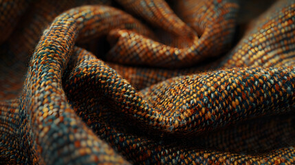 An up-close view of a herringbone tweed fabric, emphasizing the texture and complex patterns inherent in the material