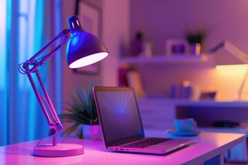 Modern workspace with a sleek lavender desk lamp, soft purple lighting, and elegant decor creating...