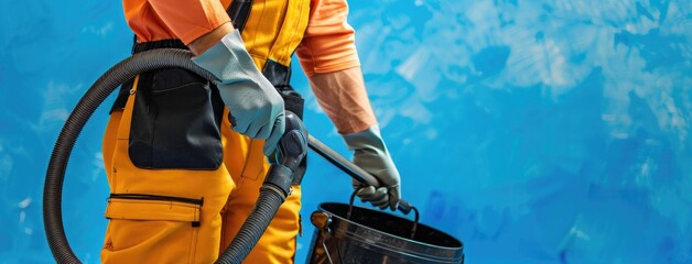 Cleaning worker in uniform with equipment on monotonous background. banner, space for text, cleaning service