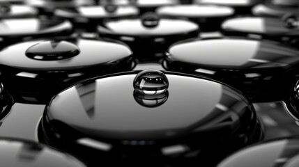a group of black and white objects with a drop of water in the middle of the middle of the picture.