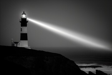 A lighthouse is lit up in the dark, with the light shining out over the ocean