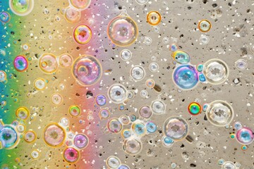 A colorful image of many bubbles with a rainbow in the background