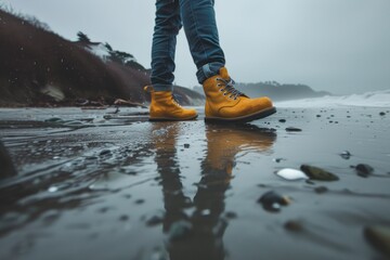 A person wearing yellow boots is standing on a beach - Powered by Adobe