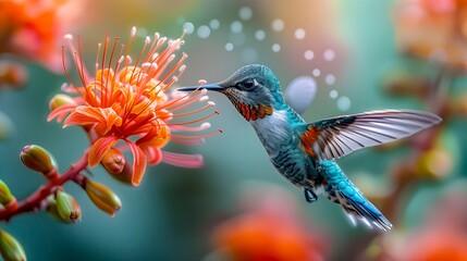Ethereal Hummingbird With Sapphire Plumage Delicately Sips From Lush Orange Blossoms