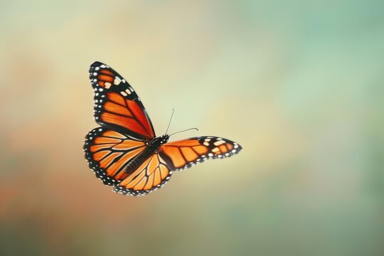 A butterfly with orange wings flies through the air