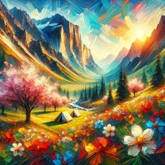 Tuinposter Spring camping in Mountains landscape impressionism painting  genetative Ai © lusyaya