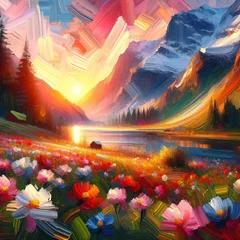 Schilderijen op glas Spring camping in Mountains landscape impressionism painting  genetative Ai © lusyaya