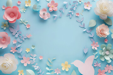 Spring background with origami pastel paper flowers on blue background. Copy space