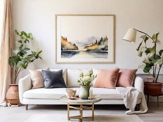 living room on wall hill Art poster frame and comfortable white sofa with a pillow in front of tea table with white background