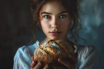  A young woman holds home-baked bread in her hands. © LUBKA