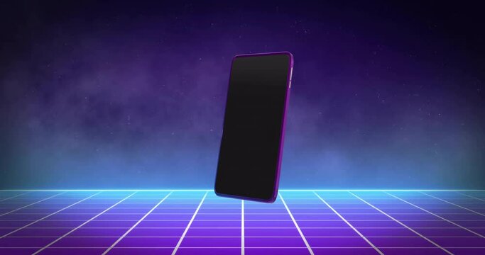 Animation of smartphone over lines and stars on black background