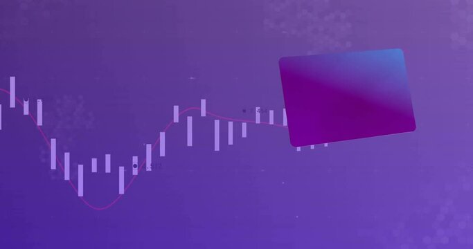 Animation of credit card over data processing on purple background