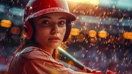 Young Female Baseball Player In Helmet And Raindrops, Reflecting A Moment Of Pause And Resilience