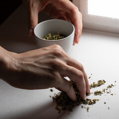 Preparing Loose Leaf Tea with Hands Scooping Leaves Near Window
