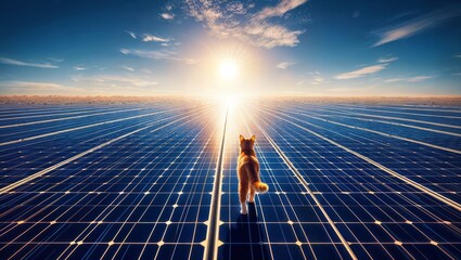 A curious cat with orange and white fur stands on a large solar panel, basking in the bright sunlight. In the background, a field of solar panels stretches towards the horizon.