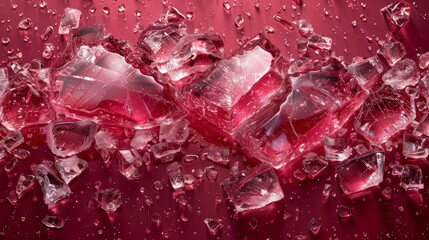 a bunch of ice cubes sitting on top of a red surface with drops of water on top of them.