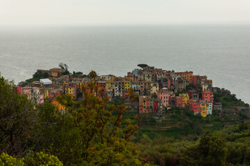 Colorful village of Corniglia upon a hill, Cinque Terre, Liguria,  Italy