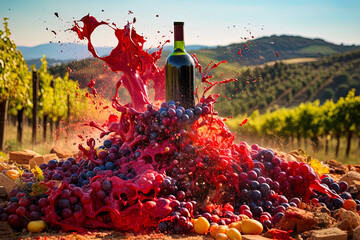 A bottle of red wine is splashed with red wine on the ground