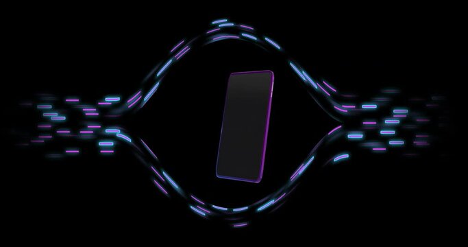 Animation of smartphone over light trails on black background
