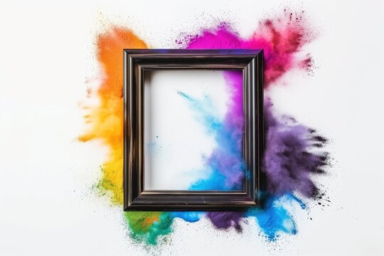 Empty picture frame with colorful powder paint explosion around, white background
