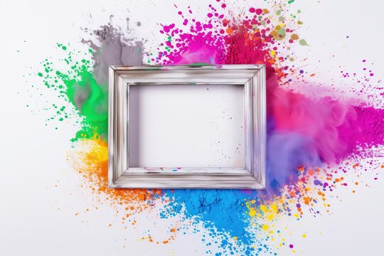 Empty picture frame with colorful powder paint explosion around, white background