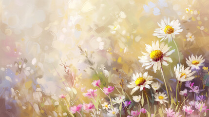 Fototapeta na wymiar Painted daisies and wildflowers on sunny day light bokeh background 