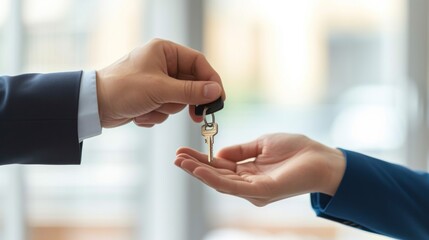 Realtor agent giving apartment keys to new owner, real estate concept
