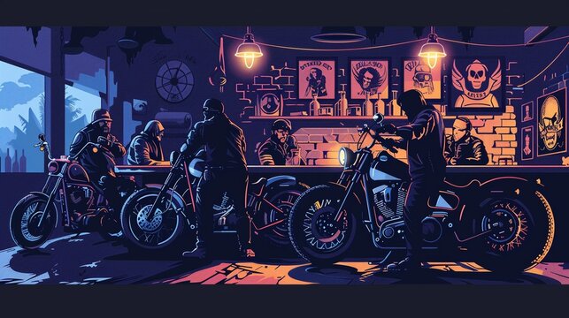 Realism of A Hells Angels clubhouse gathering with members discussing their next ride over beer and bikes.