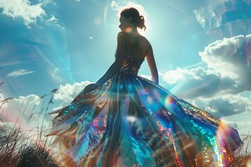 woman in a holographic full skirt dress with digital design, sunny day, HDR, very beautiful, cinematic filter, blur