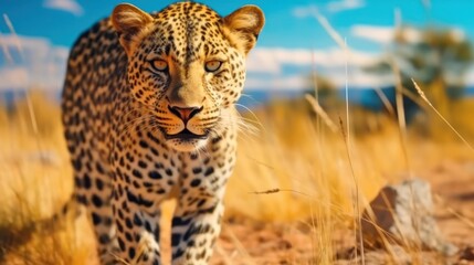 wild leopard in the savanna landscape - obrazy, fototapety, plakaty