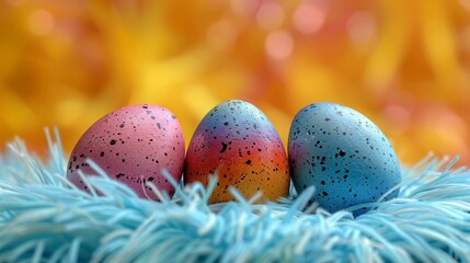 a group of three eggs sitting on top of a pile of blue and pink feathers in front of a yellow and orange background.