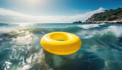 Foto op Canvas Yellow inflatable ring floating along sandy beach. Tropical sea coast. Summer vacation at the ocean. © hardvicore