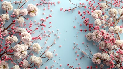 a bunch of pink and white flowers on a blue background with pink and white flowers in the middle of the frame.