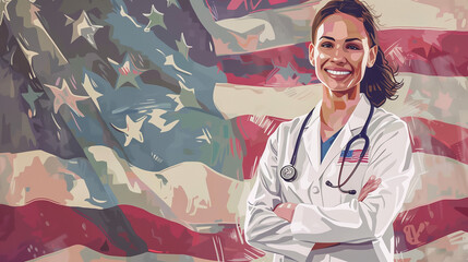 portrait of a smiling doctor's woman on the background of a flag on doctor's day