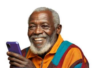 Portrait of smiling happy African senior man holding mobile phone cut out and isolated on transparent or white background, PNG file
