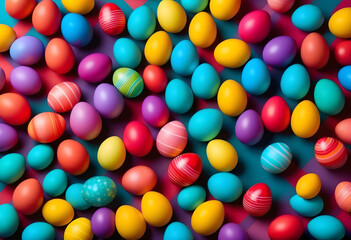 Fototapeta na wymiar Bright, multi-colored Easter eggs on a colorful background. Minimal concept. Card with copy space for text.