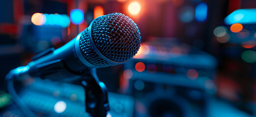 Professional microphone in a recording studio with ambient lighting all around and equipment in the background. Music and podcast concept banner.