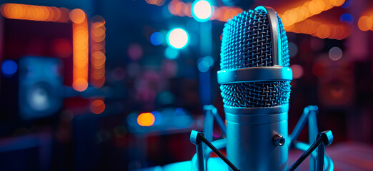 Professional microphone in a recording studio with ambient lighting all around and equipment in the...