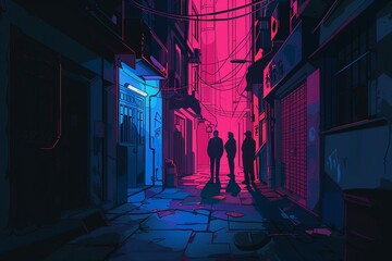 wallwaper background of A secretive Triad meeting in a Hong Kong back alley illuminated by neon lights and shadowed figures.in the cartoonish character design style with high resolution - obrazy, fototapety, plakaty