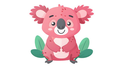 Cute and playful pink koala depicted sitting among greenery, giving a friendly and soft appearance in a cartoon style