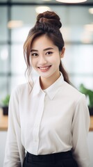 Portrait of happy Chinese businesswoman smiling  in modern office space.