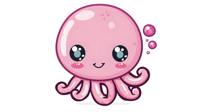 Adorable pink octopus illustration with large sparkly eyes and tiny bubbles surrounds it, emitting friendliness