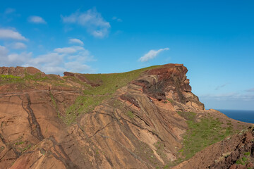 Panoramic view of majestic Atlantic Ocean coastline at Ponta de Sao Lourenco peninsula, Canical, Madeira island, Portugal, Europe. Coastal hiking trail along steep rocky rugged cliffs. Sea breeze. Awe
