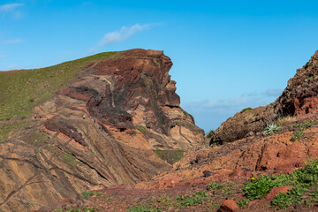 Panoramic view of majestic Atlantic Ocean coastline at Ponta de Sao Lourenco peninsula, Canical, Madeira island, Portugal, Europe. Coastal hiking trail along steep rocky rugged cliffs. Sea breeze. Awe