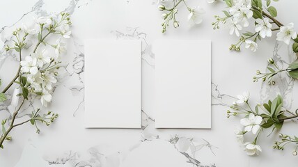a mockup featuring two blank white invitation cards placed side by side on a light marble surface, with white flowers, captured from a top view, generous space for text or design elements.